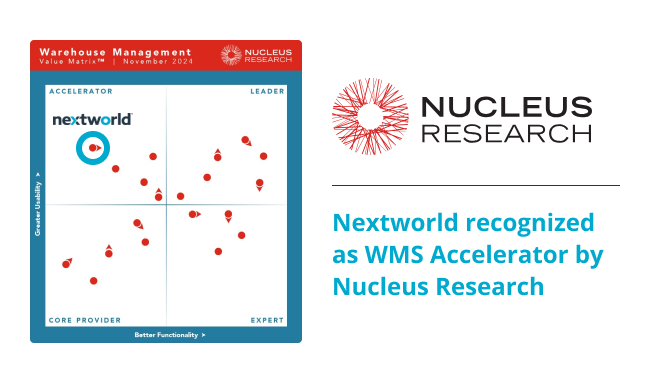Nucleus Research matrix graphic showing Nextworld recognized as WMS Accelerator Nucleus Research matrix graphic showing Nextworld recognized as WMS Accelerator